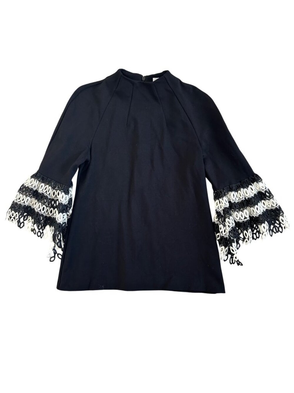 Pearl By Lela Rose Womens Sz XS Black Top With Crochet Bell Sleeves Viscose Blen